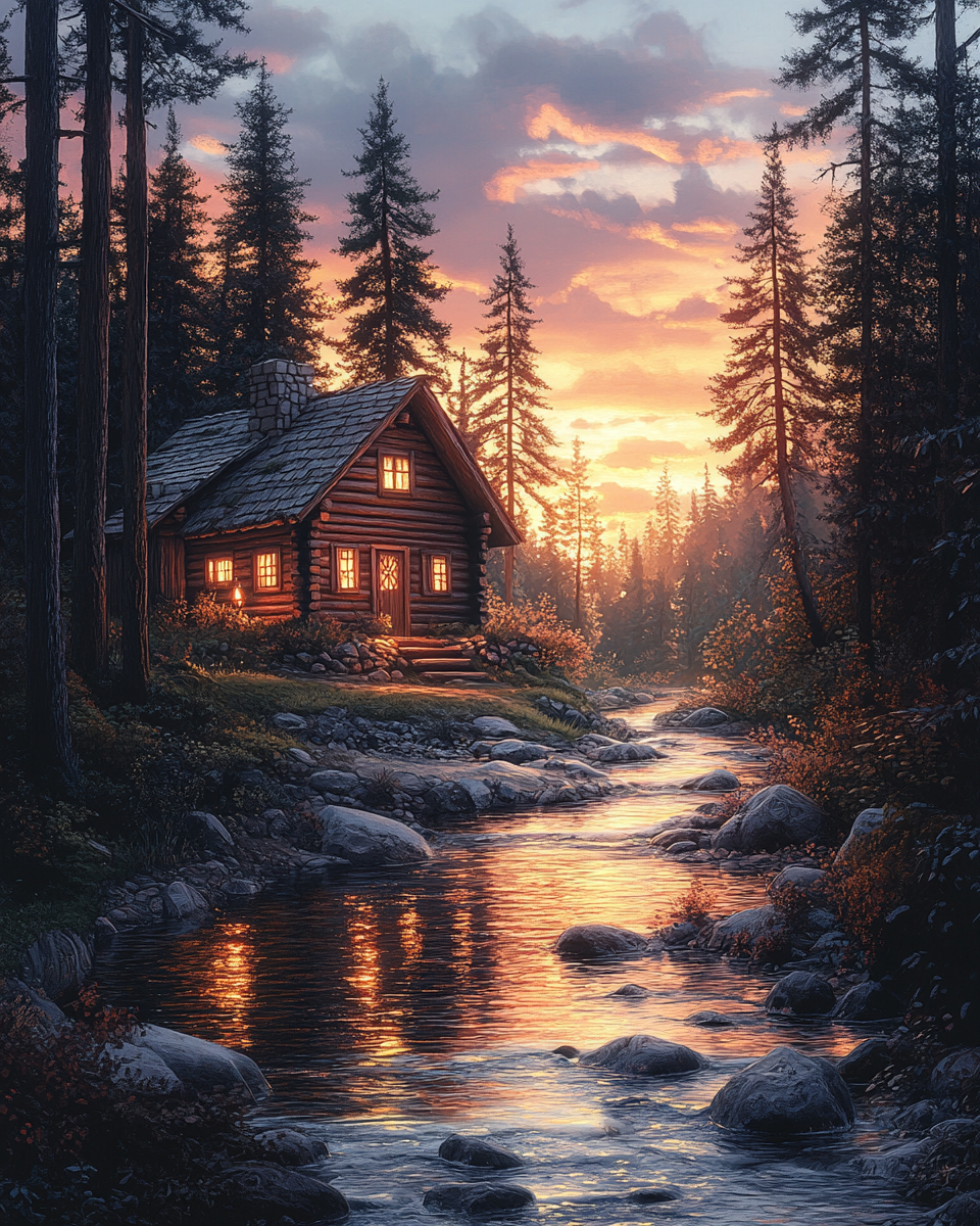 Cozy Log Cabin Pine Trees