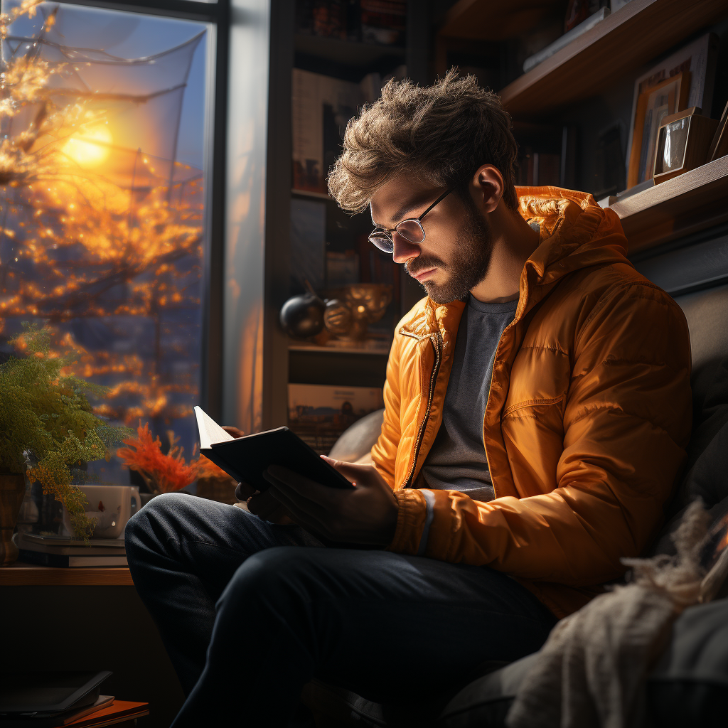 Young man engrossed in reading a captivating book