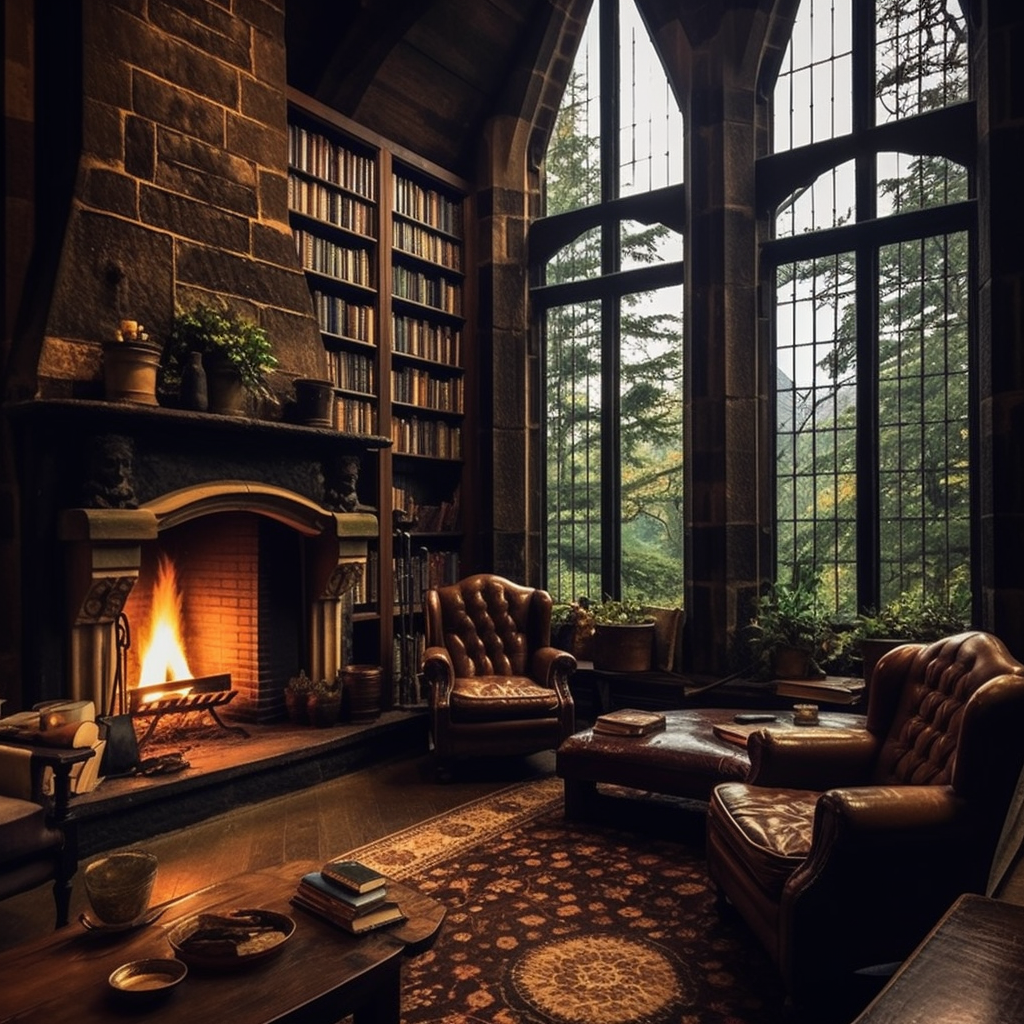 A cozy reading room with a fireplace and big windows