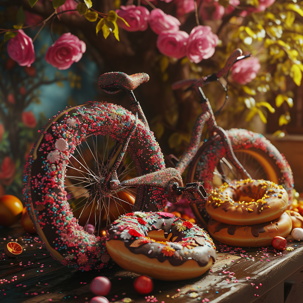 Cozy Scene with Bread Donut Bicycle Covered in Chocolate and Sprinklings