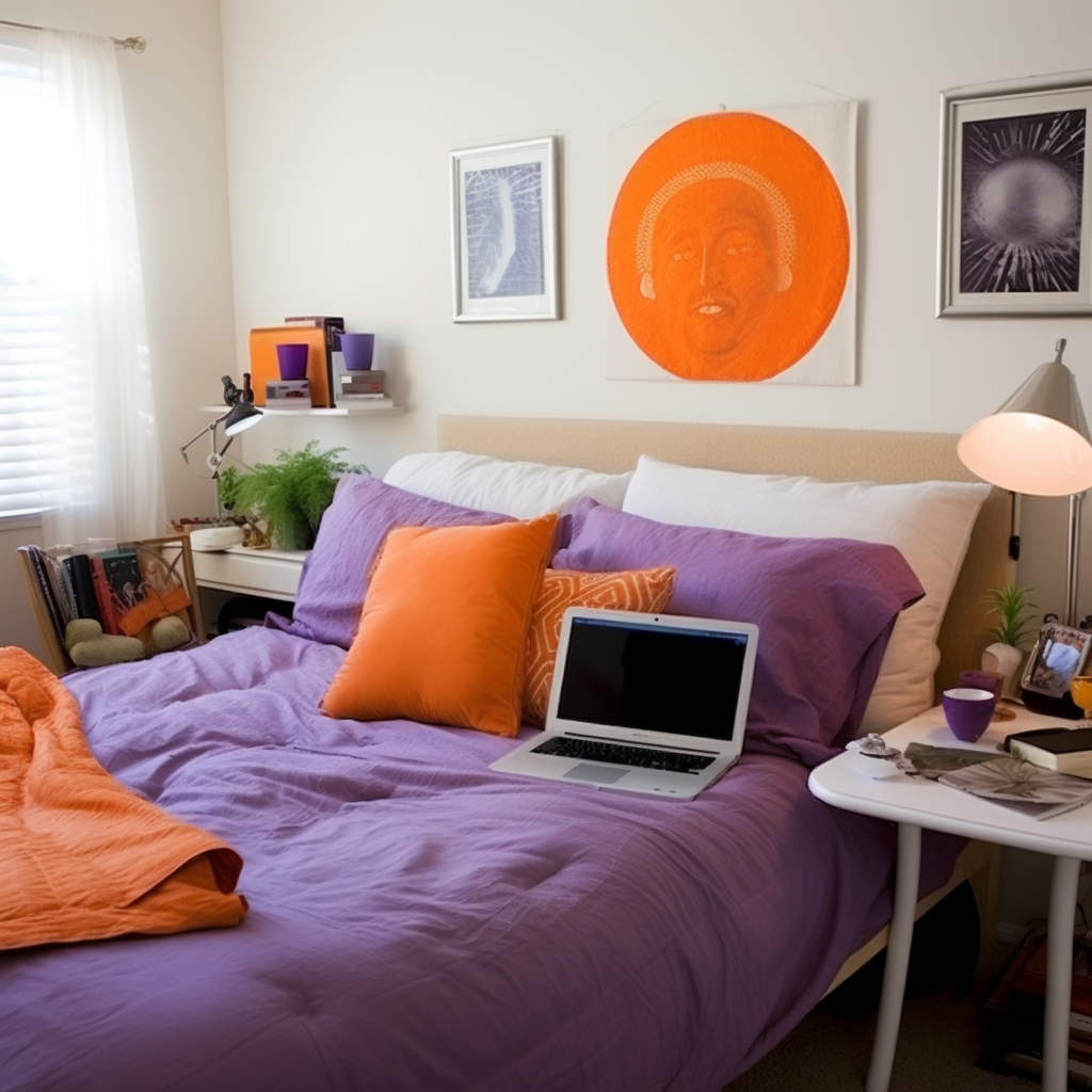 Cozy and stylish bedroom with purple and orange decor