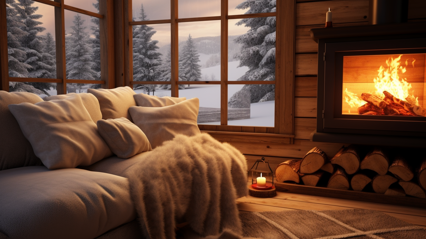 Cozy winter cabin interior with wooden stove and fabric sofa