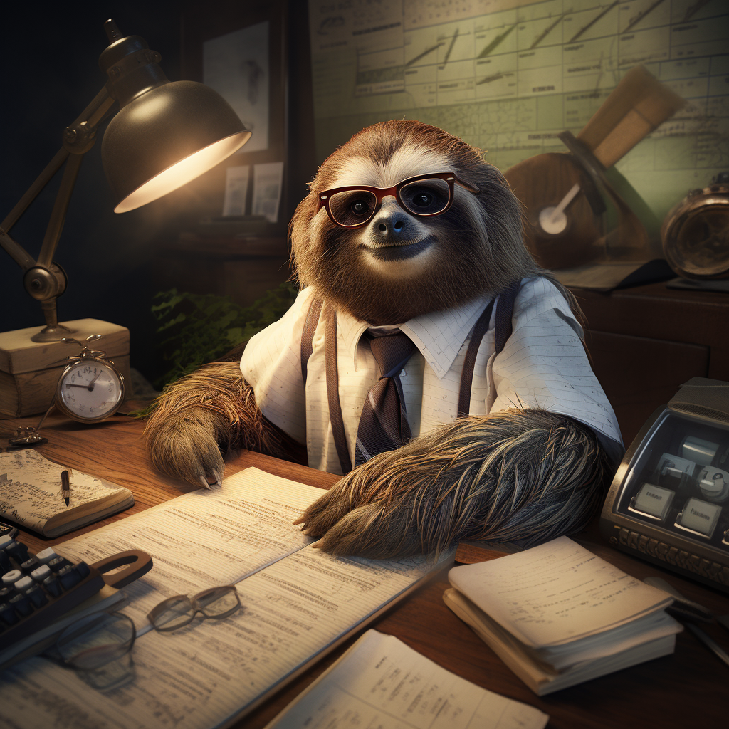 Sloth CPA doing taxes at desk