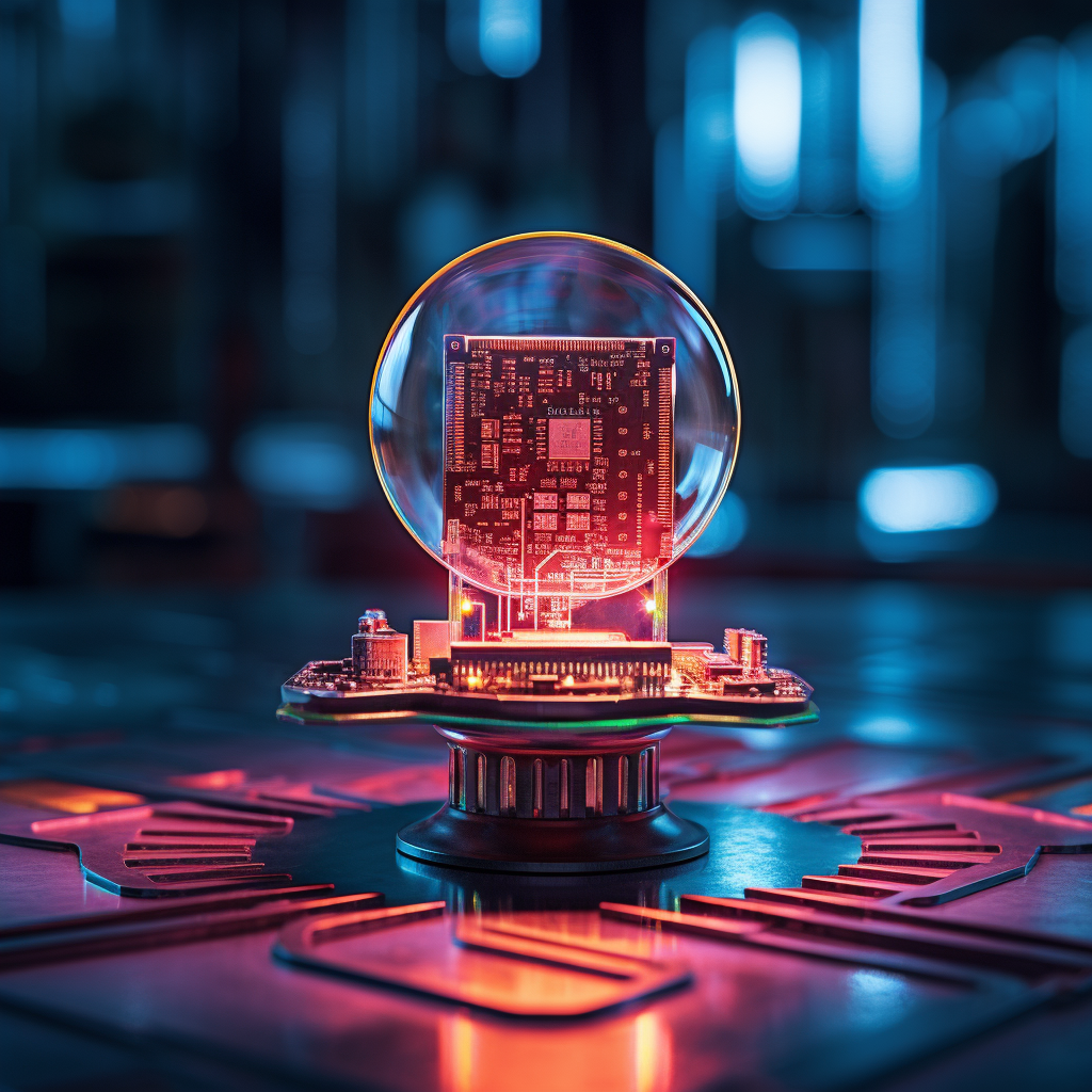 Colorful CPU chip lollipop on cyberpunk desk