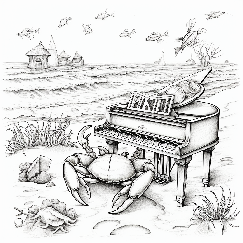 Cute crab playing piano on sandy island