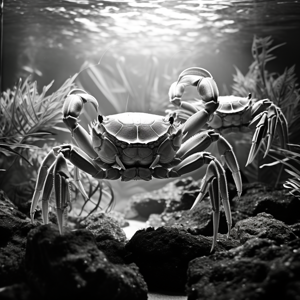 Black and white striped crabs in fishtank