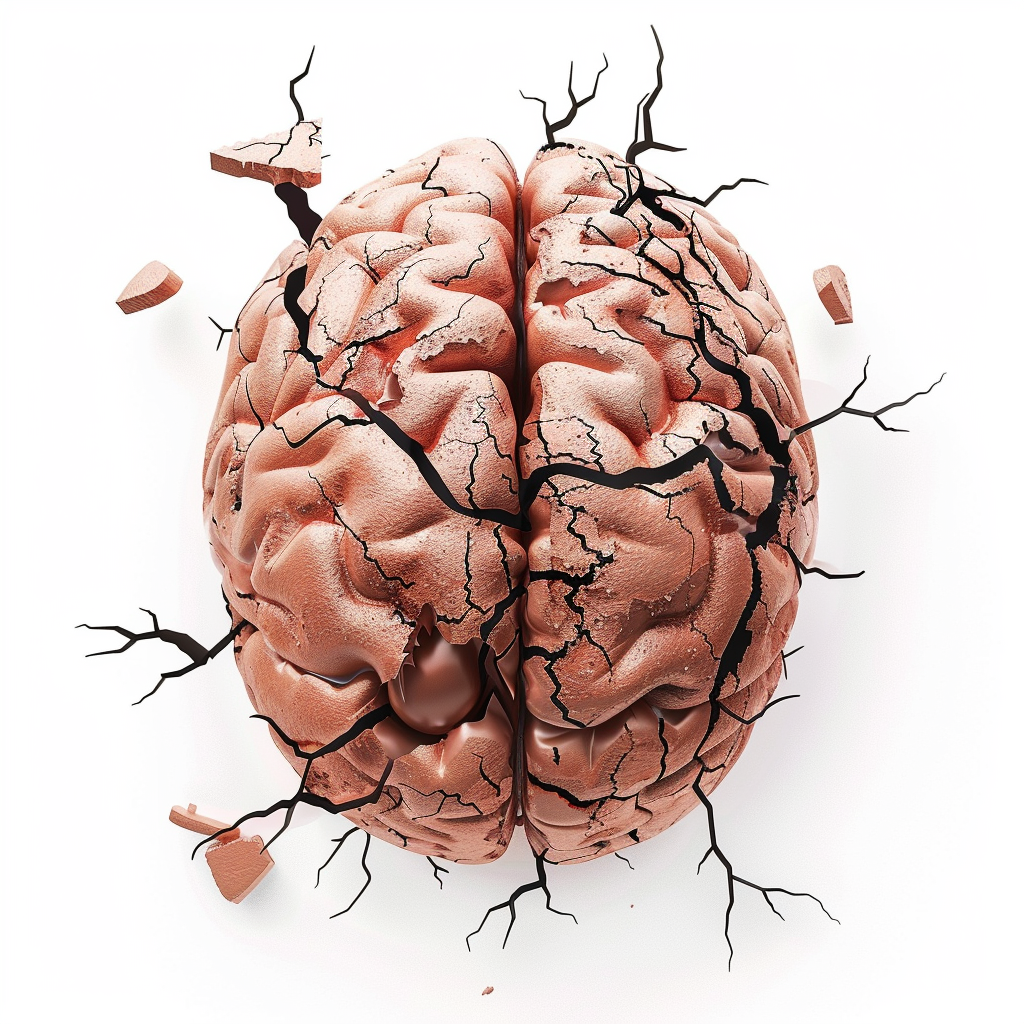 Brain with cracks on white background