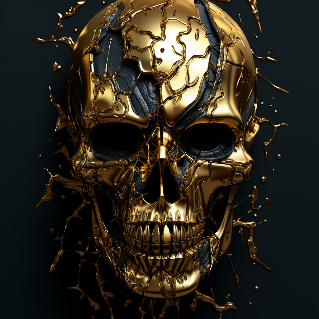 Cracked mask skeleton with gold pouring inside castle