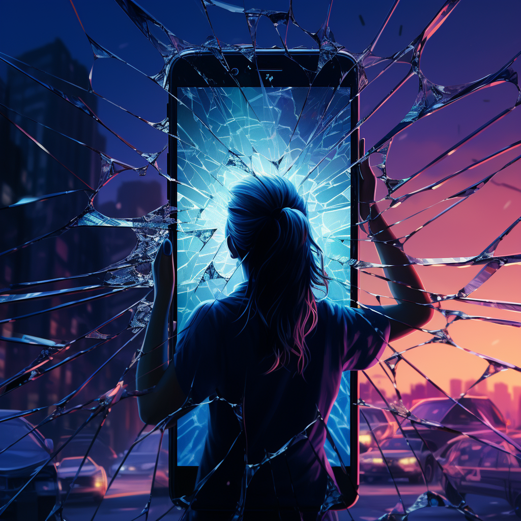 Woman taking selfie with cracked phone