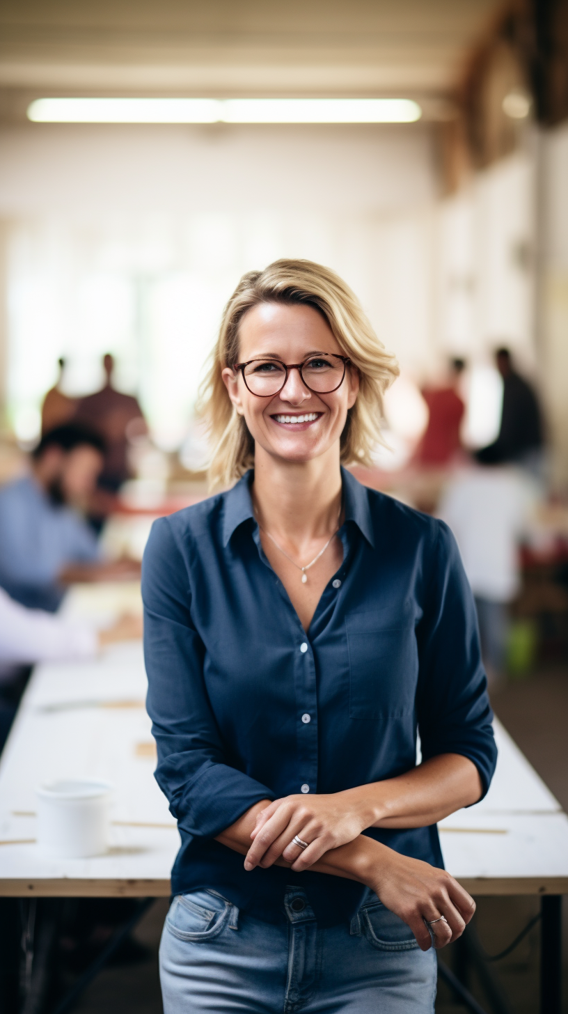 Smiling female entrepreneur at craft fair table