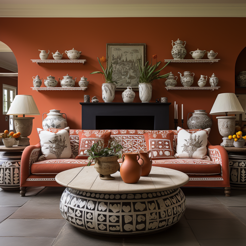 Terracotta walls with white ornamental designs