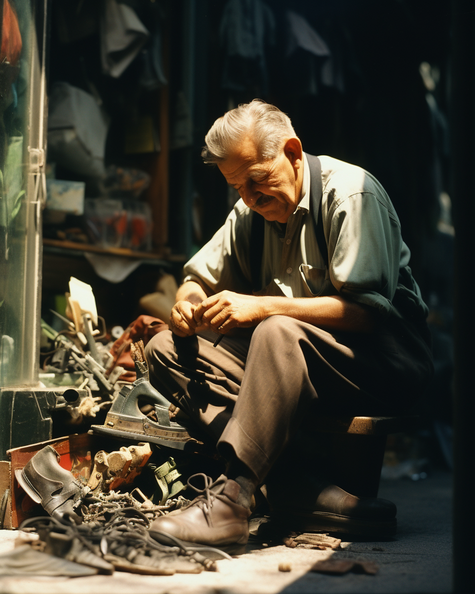 Craftsman repairing shoes in eastern Europe alley