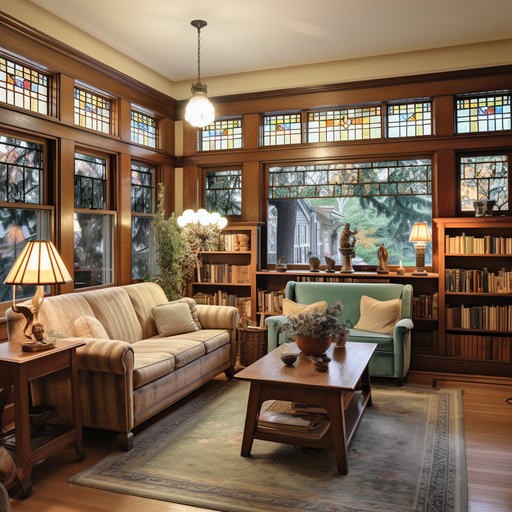 Craftsman sitting room with stained-glass windows