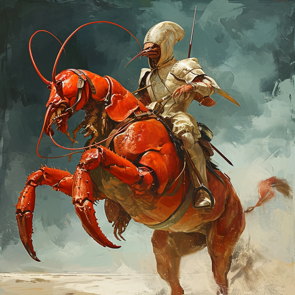 Comedic crayfish on a racehorse