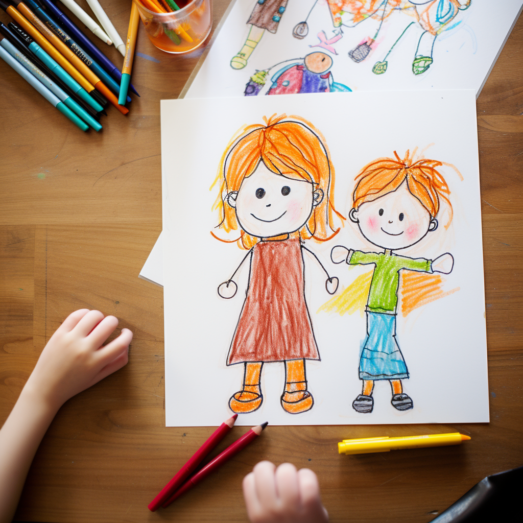 Crayon drawing of family with redhead person