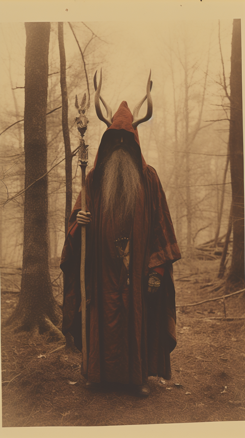 Crazy cult leader in forest with cloak and antlers