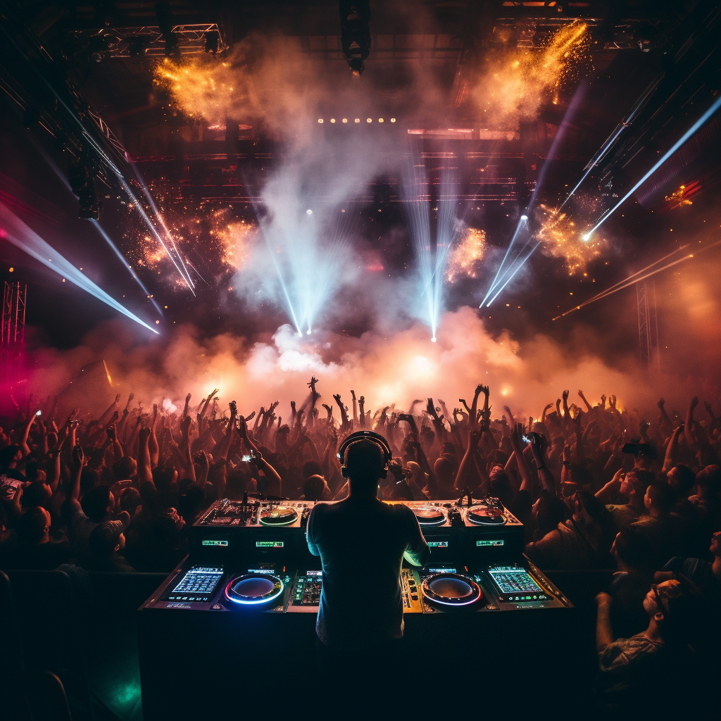 Energetic DJ performing in a crowded club