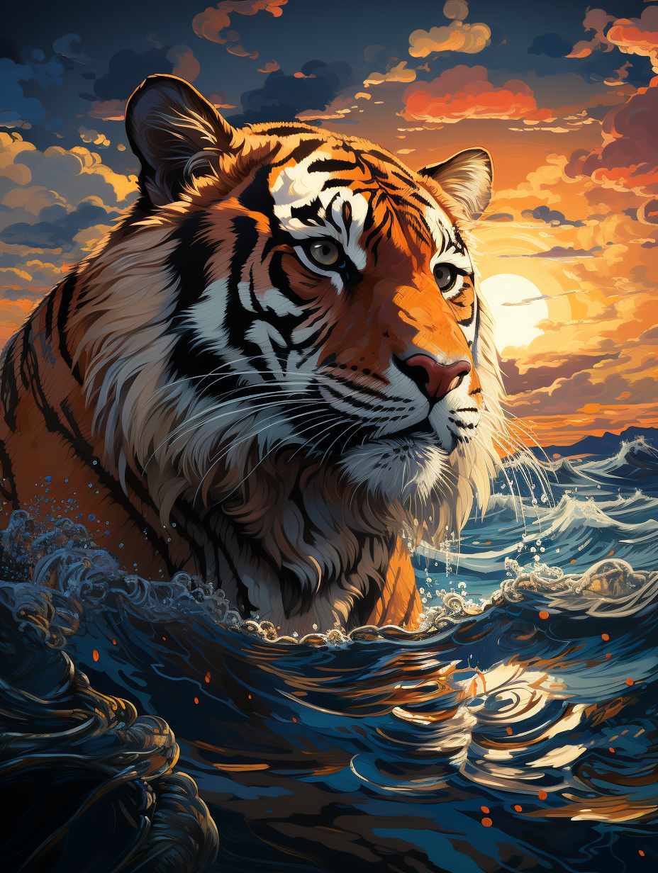 Tiger in front of boat in ocean