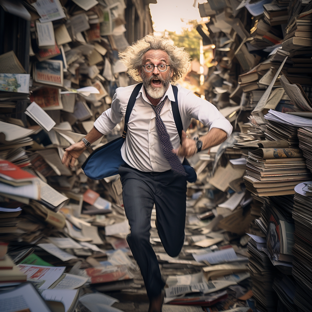 Crazy inventor scientist with books and papers