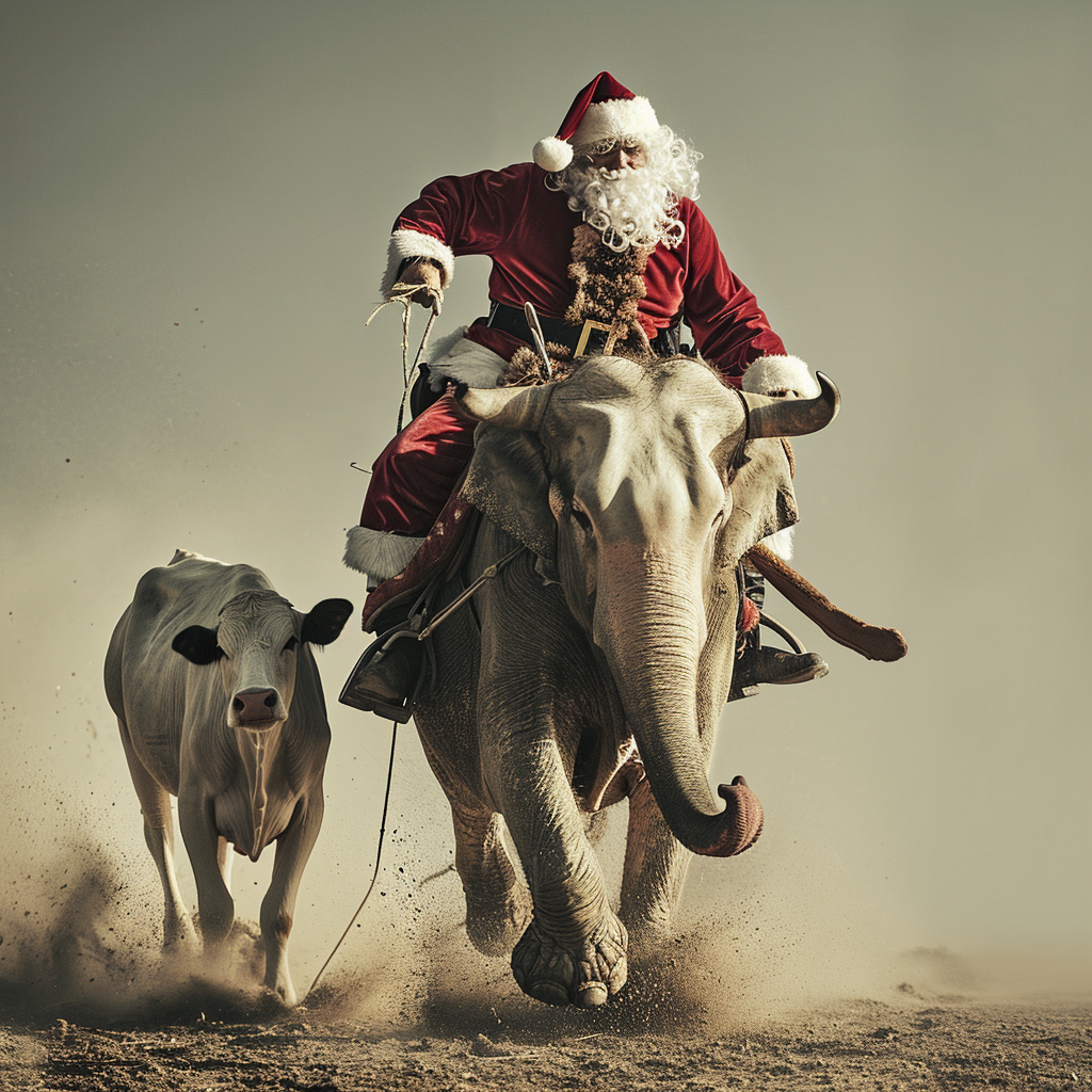 Santa chasing cow riding elephant