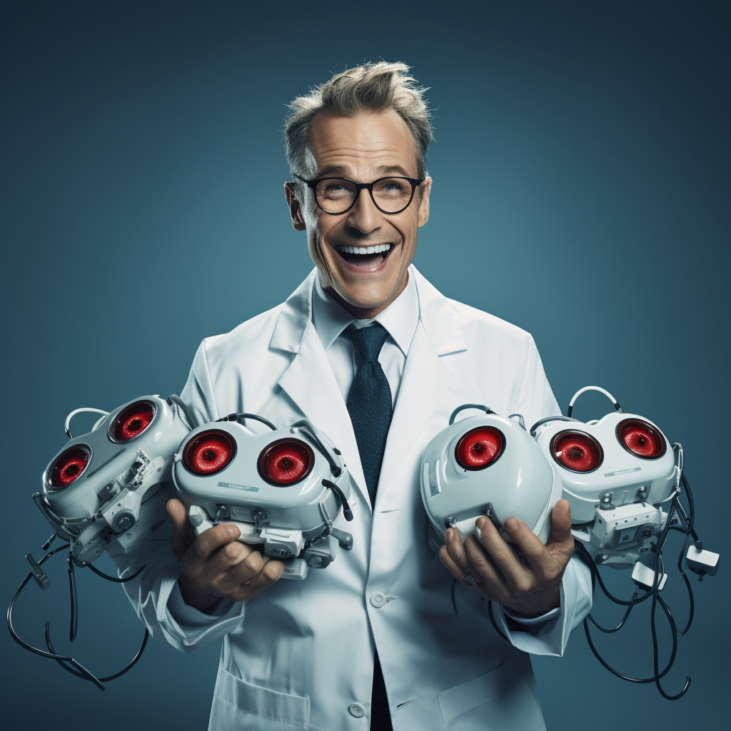 Sarcastically Smiling Crazy Doctor with Defibrillators