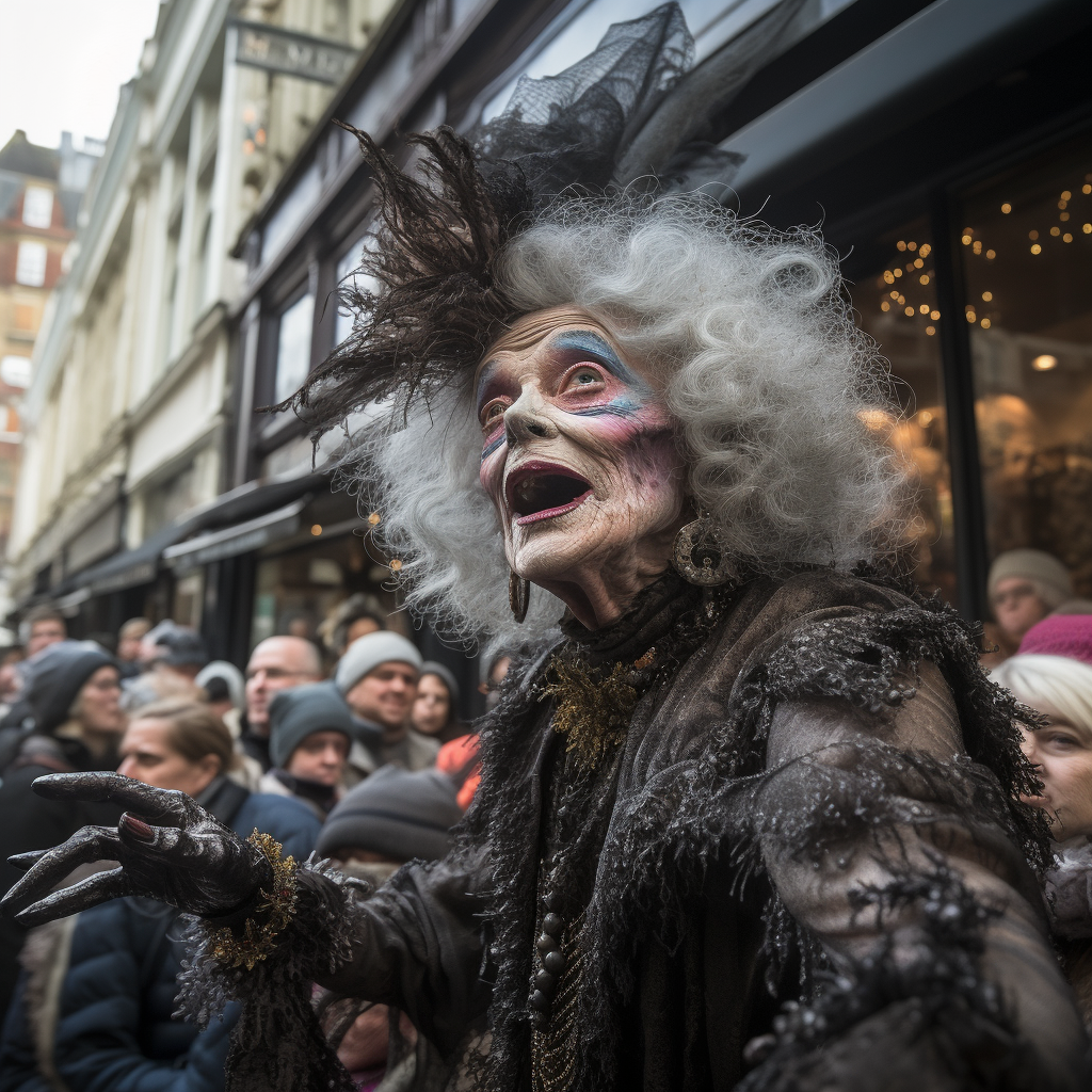 Eccentric old lady talking among busy crowd