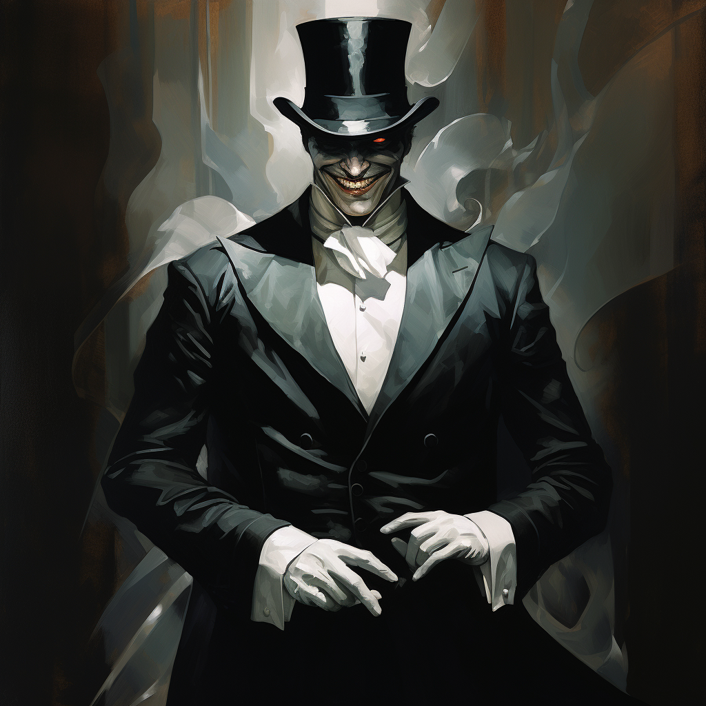 Crazy male supervillain in top hat and black suit