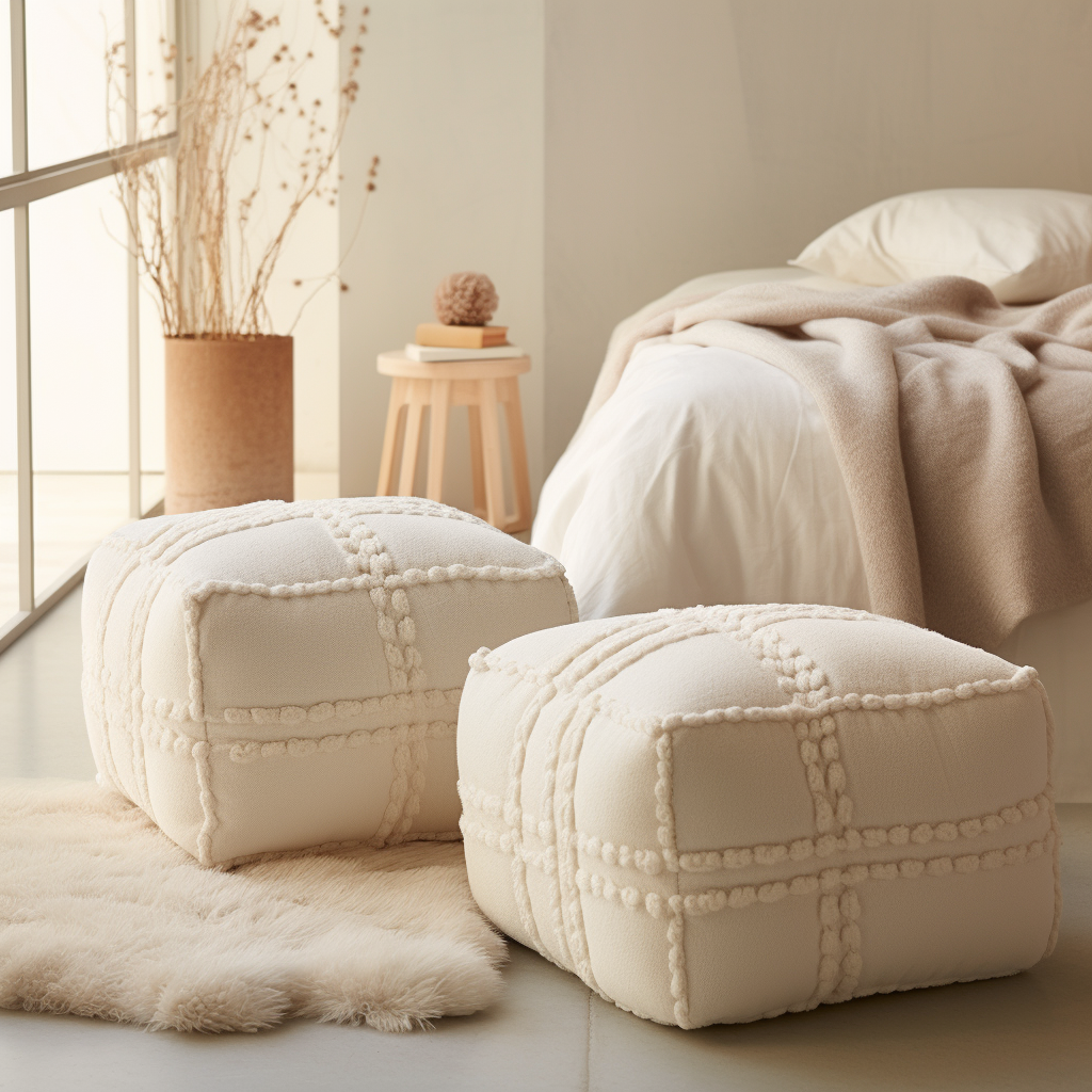 Cream cotton square pouf in front of bed