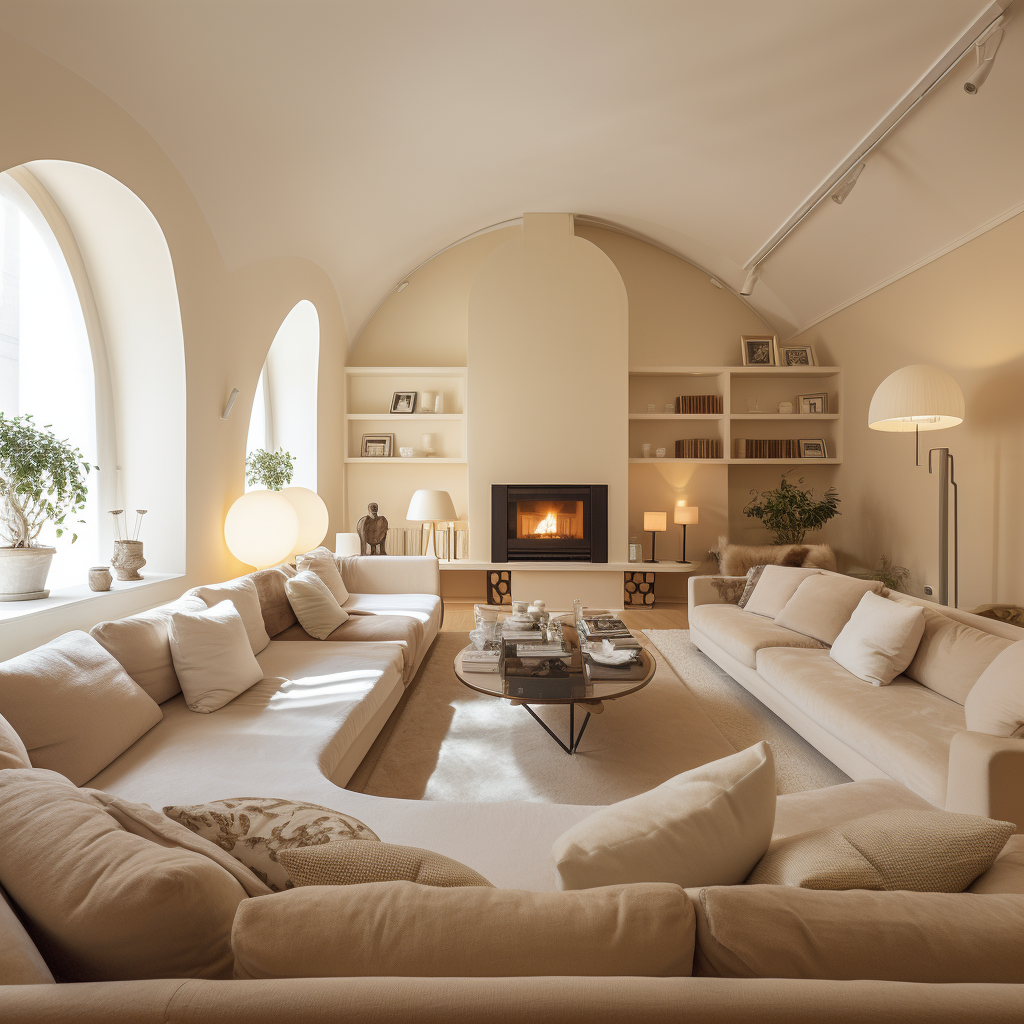 Cream sofas placed in an L shape with large windows