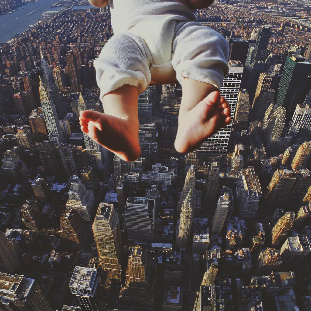 baby stomping city stock photo