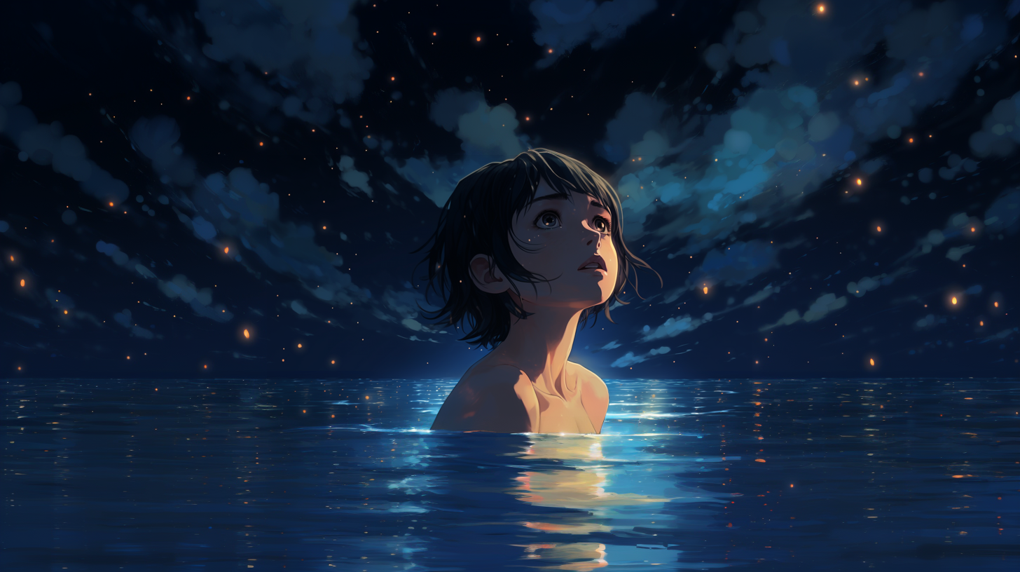 Smiling Russian girl in deep water at night with a sky full of stars