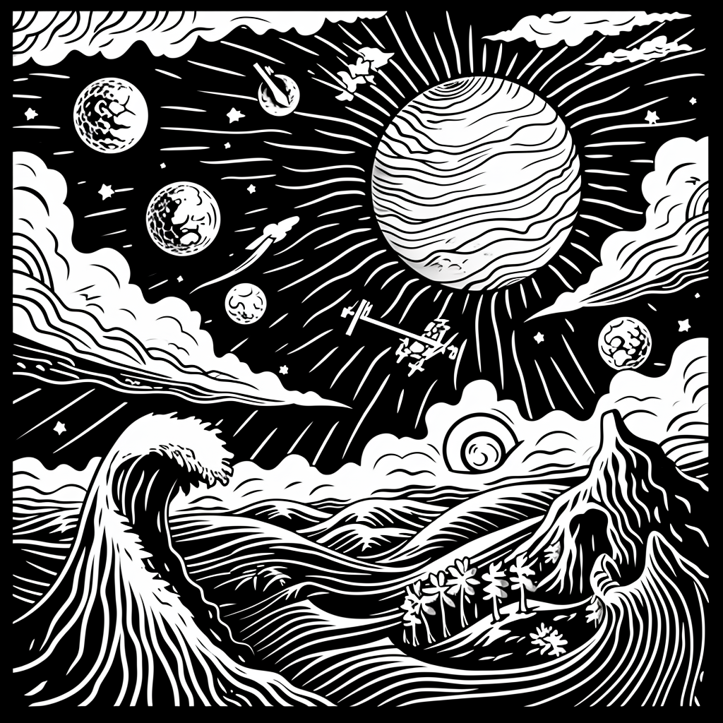 Creation of Heavens and Earth Woodcut Illustration