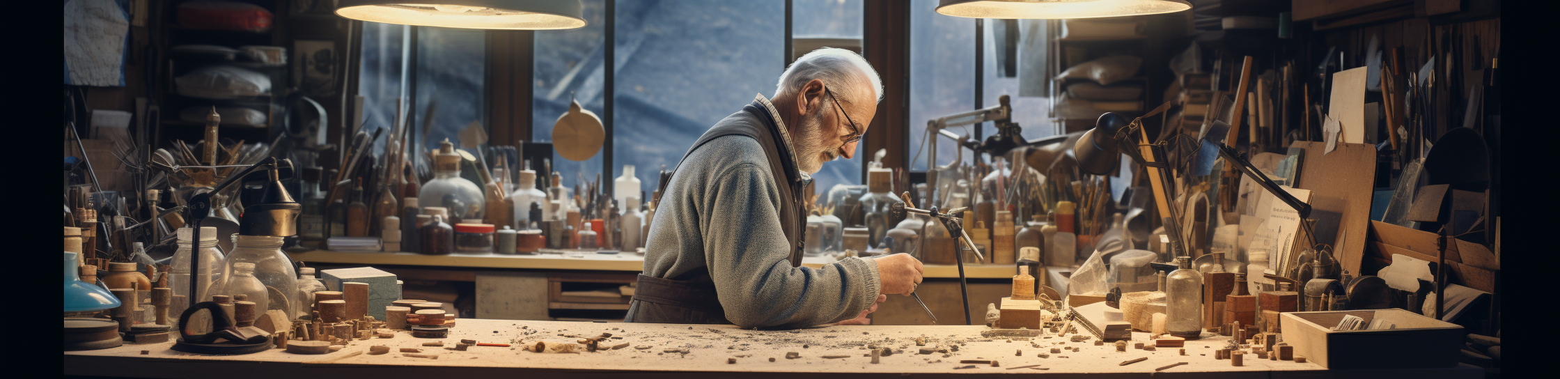 Smiley jeweller in cluttered workshop with cool equipment