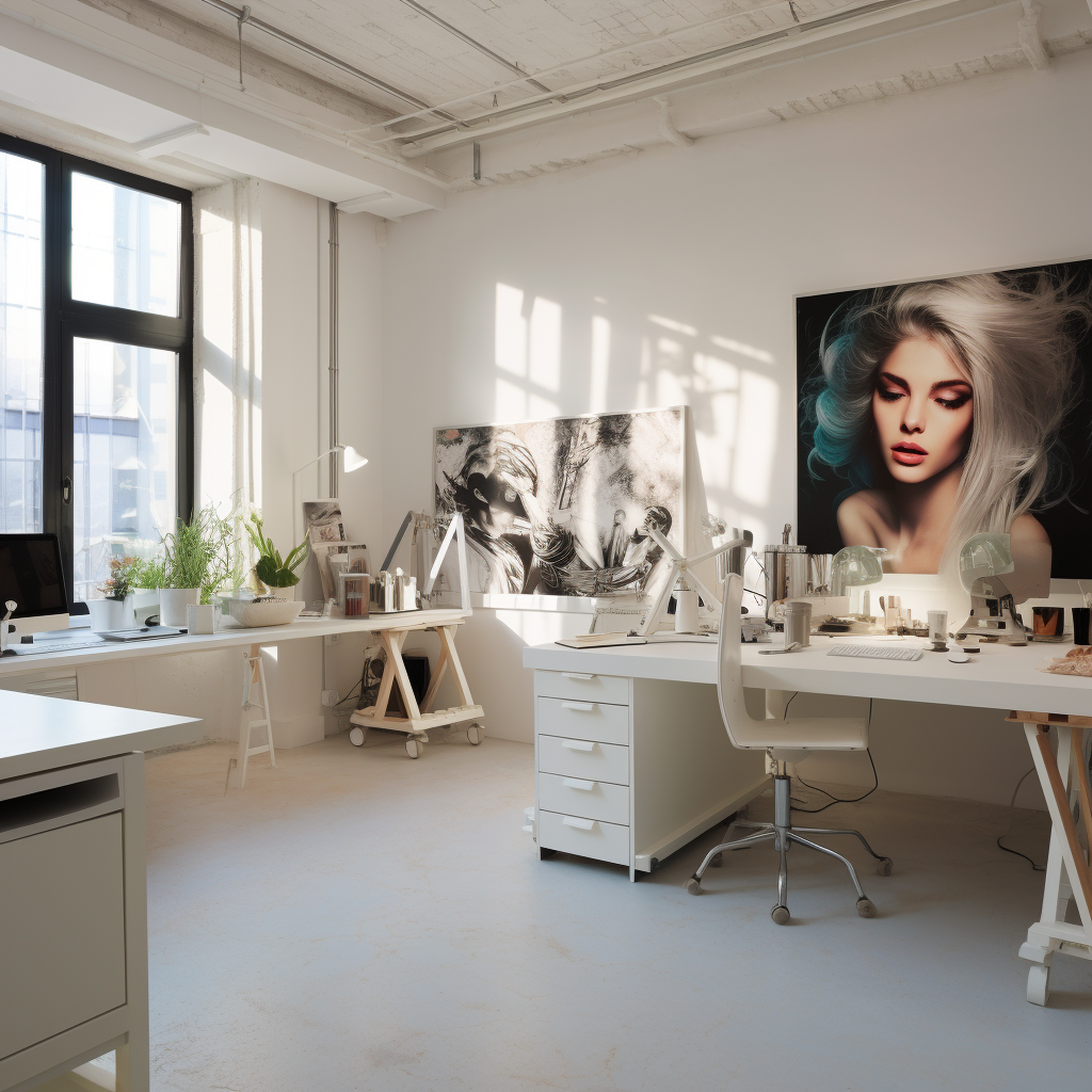 Creative photo studio with white walls and art