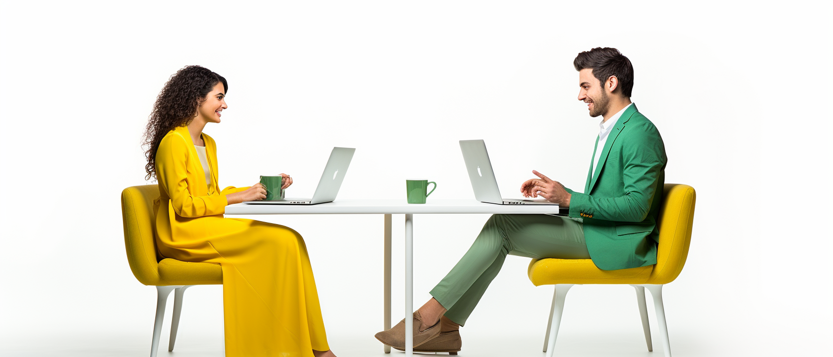 Happy man and woman working on laptops