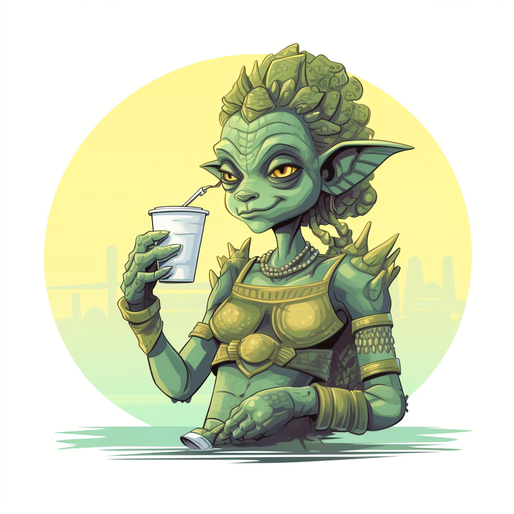 Cartoon illustration of creature with coffee