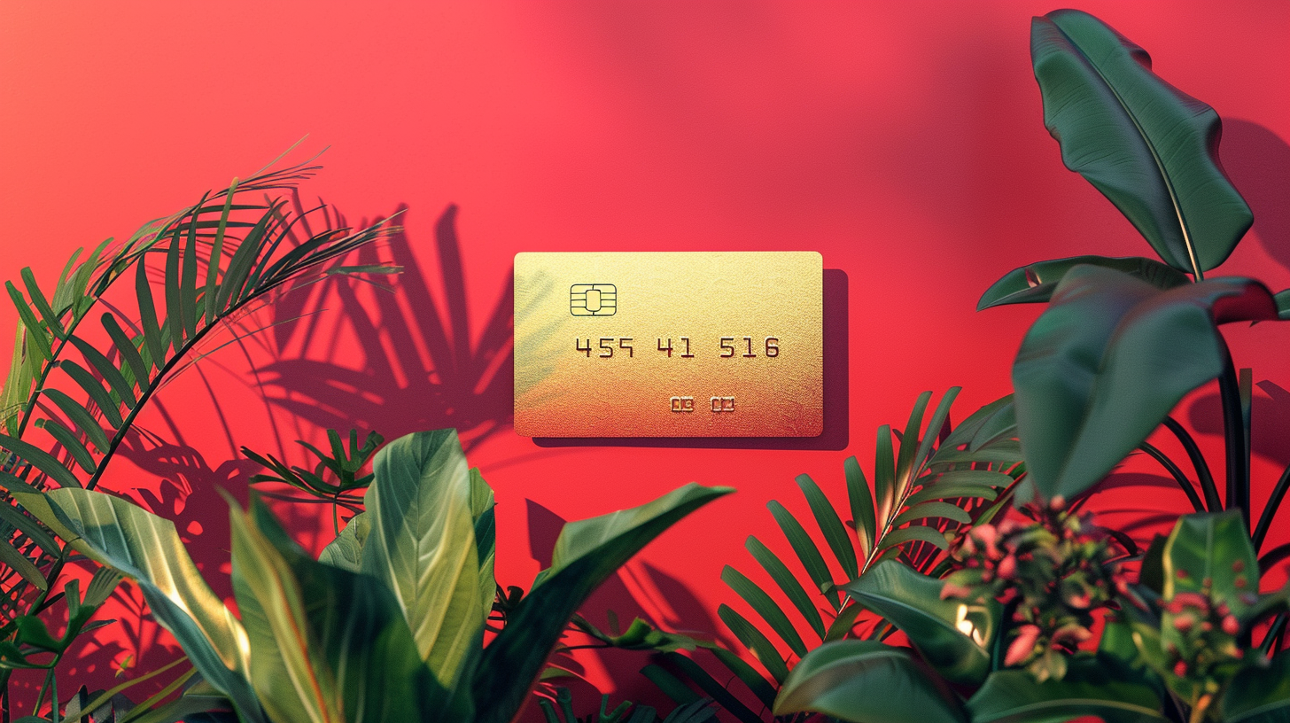 Credit card on red backdrop plants