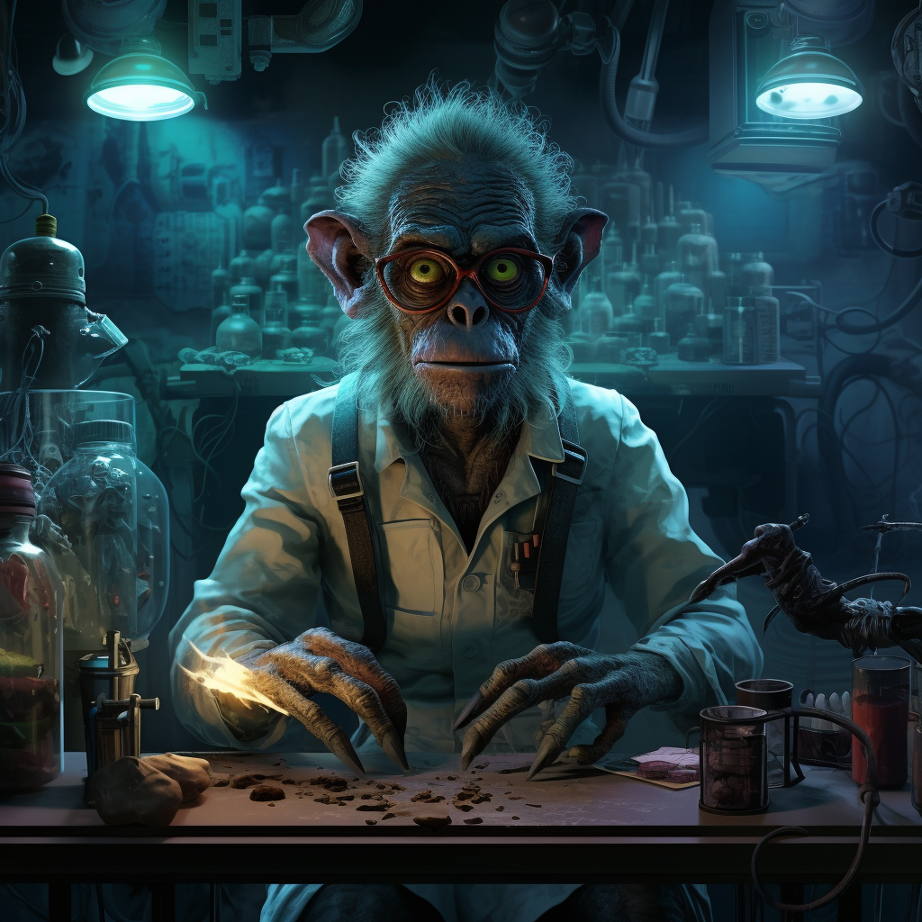 Creepy alien observing monkey in lab experiment