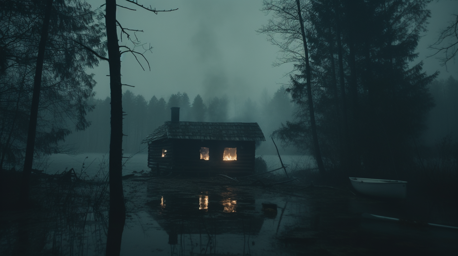 Creepy cabin in the woods by the lake