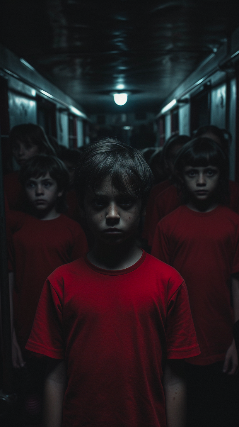 Creepy children in red t-shirts on dark train