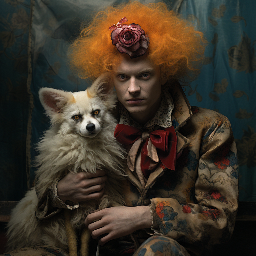 Creepy clown with pet fox