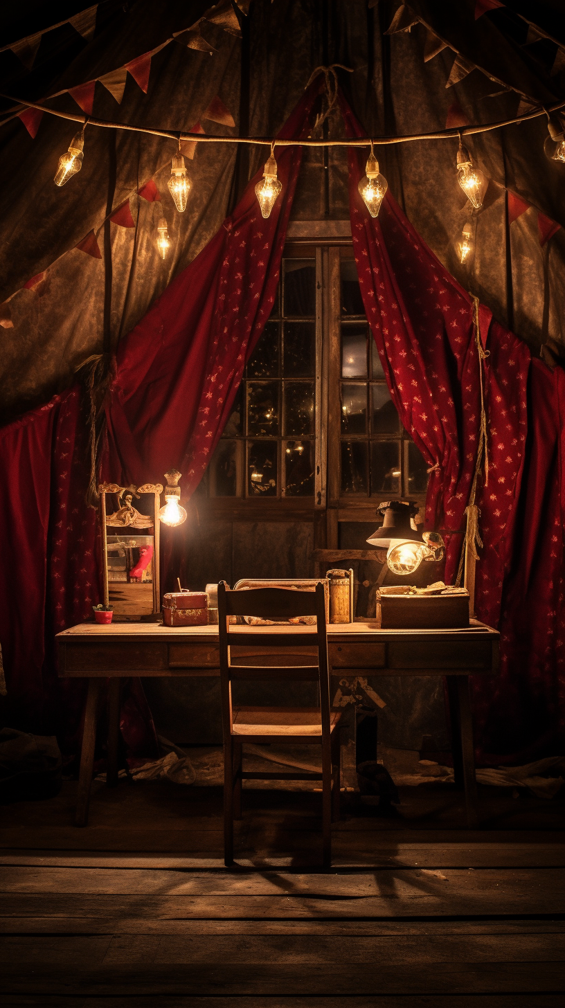 Spooky desk with lit candles in old circus tent