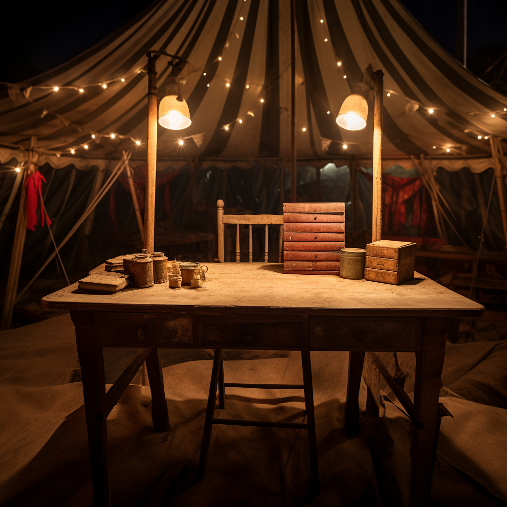 Spooky desk with candlelight in vintage circus setting