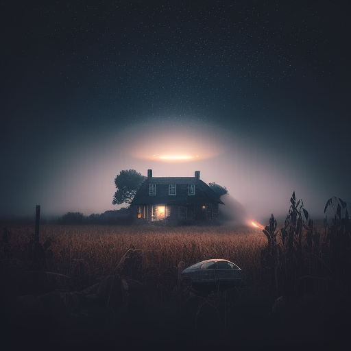 Spooky farmhouse with UFO hovering above