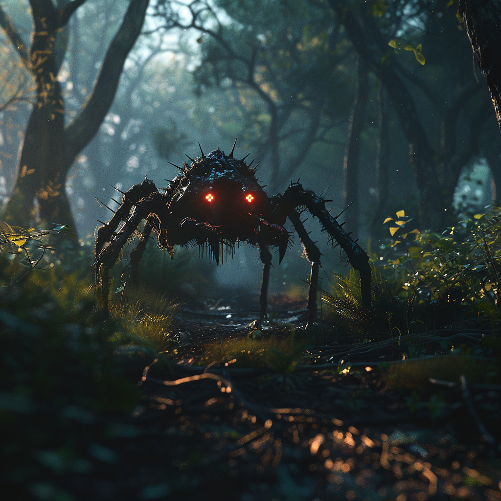 Creepy arachnomorph in twilight forest