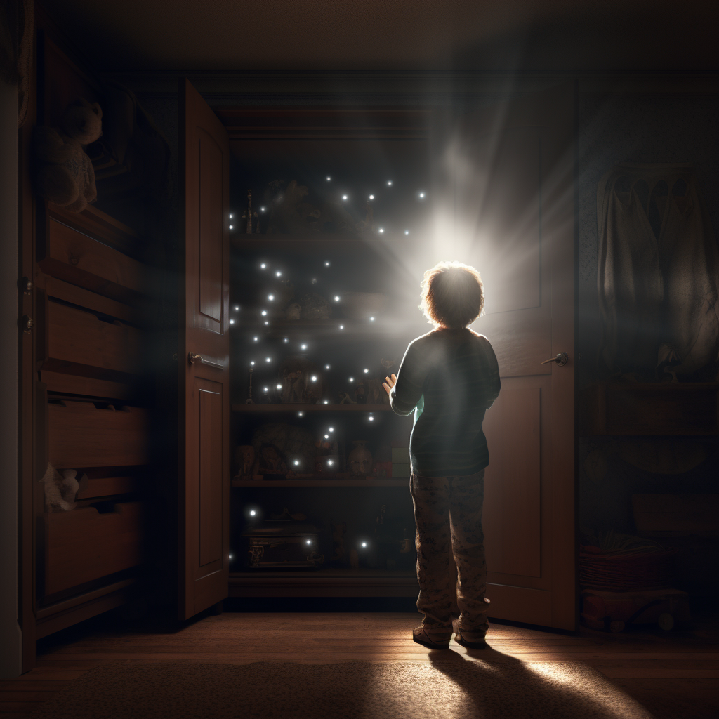 Child about to open a creepy glowing closet