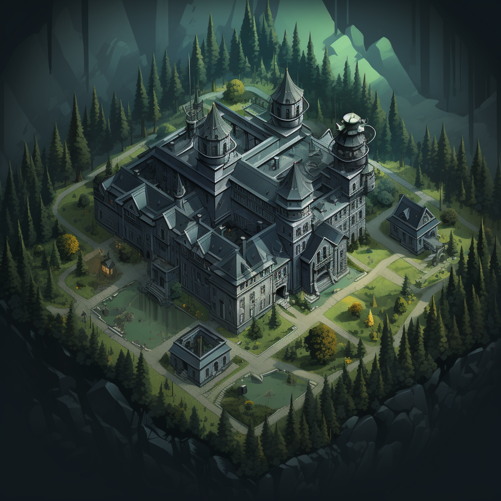 Isometric image of a creepy gothic hotel