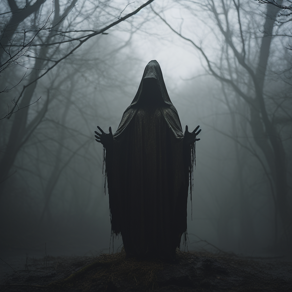 Creepy hooded figure in misty void