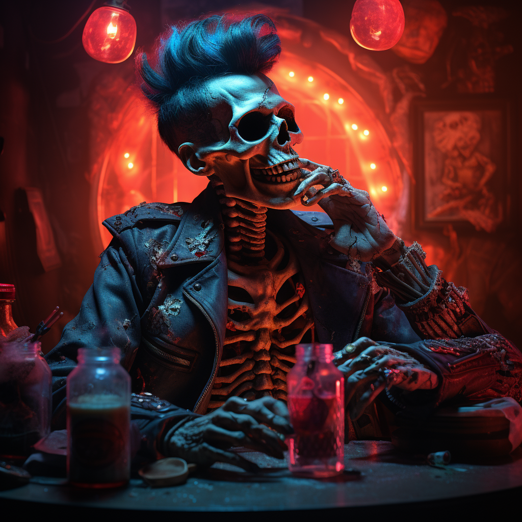 Neon laughing skeleton with rockabilly hairstyle and ruby eye