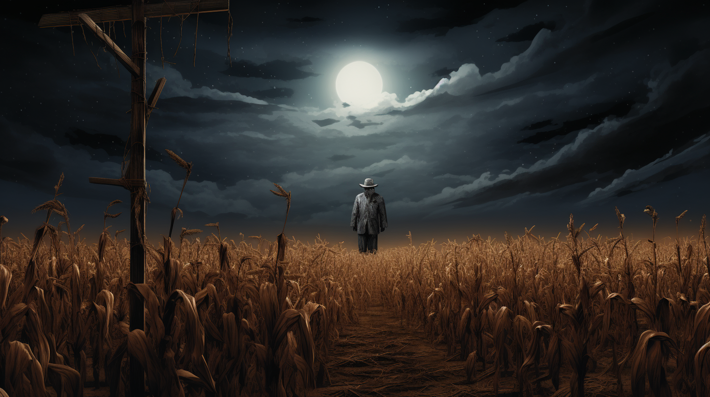 Animated creepy scarecrow in night cornfield